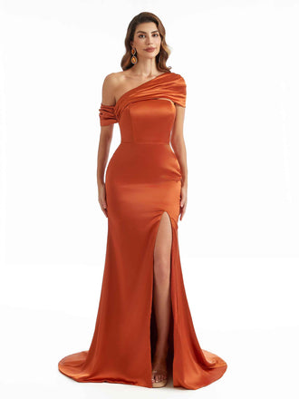 Women One Shoulder Long Satin Unique Formal Bridesmaid Dresses Online