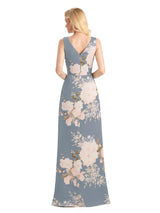 Beautiful V-Neck Mermaid Floral Satin Maxi Floral Formal Dresses For Women