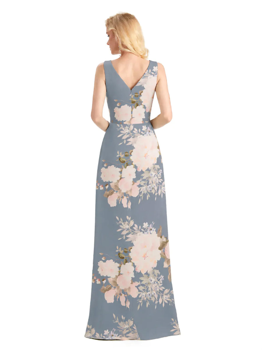 Beautiful V-Neck Mermaid Floral Satin Maxi Floral Formal Dresses For Women