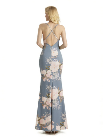 Sexy Jewel Spaghetti Straps Mermaid Long Satin Floral Formal Dresses For Women