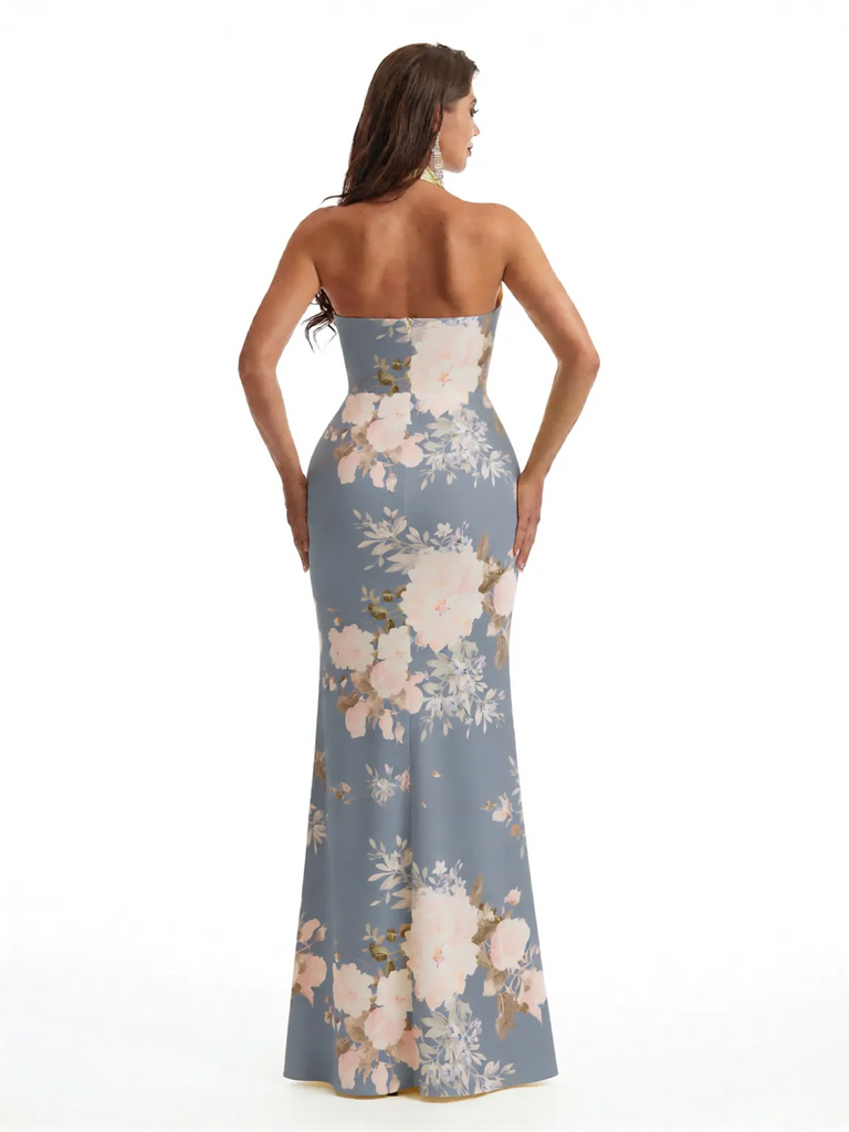 Simple Halter Side Slit Mermaid Floral Satin Maxi Floral Formal Dresses For Women