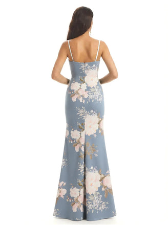 Elegant Spaghetti Straps Side Slit Mermaid Floral Satin Maxi Floral Formal Dresses For Women