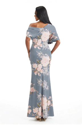Elegant Half Sleeves Side Slit Mermaid Floral Satin Maxi Floral Formal Dresses For Women