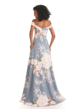 Trendy Off Shoulder A-Line Long Floral Satin Women Formal Evening Dresses