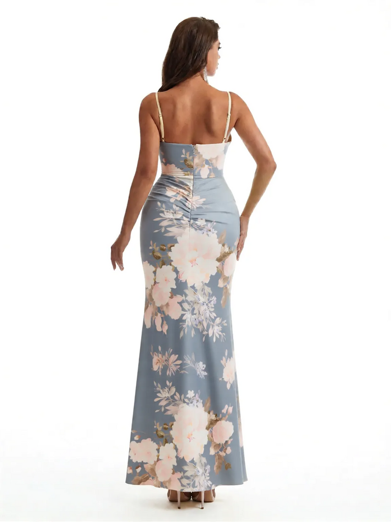 Simple Spaghetti Straps Slit Mermaid Floral Satin Maxi Floral Formal Dresses For Women
