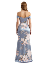Simple Off Shoulder Side Slit Mermaid Long Satin Floral Formal Evening Dresses For Ladies
