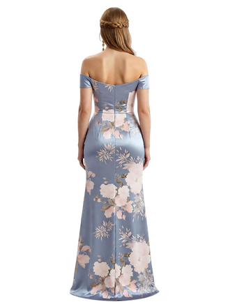 Simple Off Shoulder Side Slit Mermaid Long Satin Floral Formal Evening Dresses For Ladies