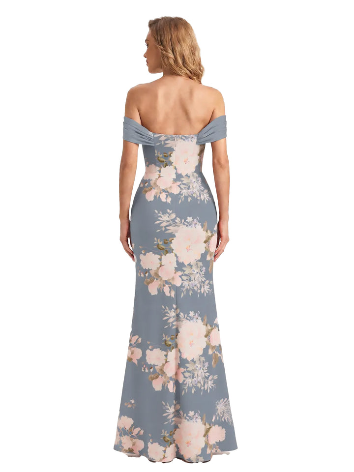 Trendy Off Shoulder Side Slit Mermaid Long Satin Floral Formal Evening Dresses For Ladies