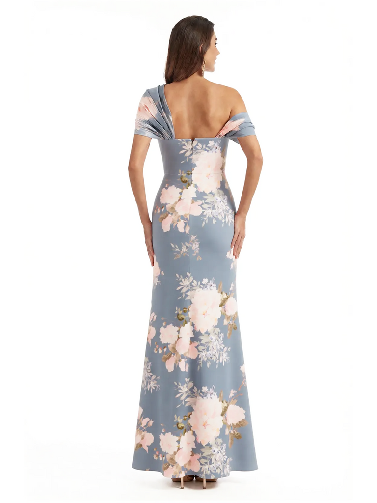 Elegant Asymmetrical Side Slit Mermaid Long Satin Floral Formal Dresses For Women