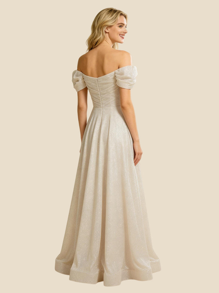 A-Line Off Shoulder Ruched Maxi Long Sequin Tulle Wedding Dresses Online