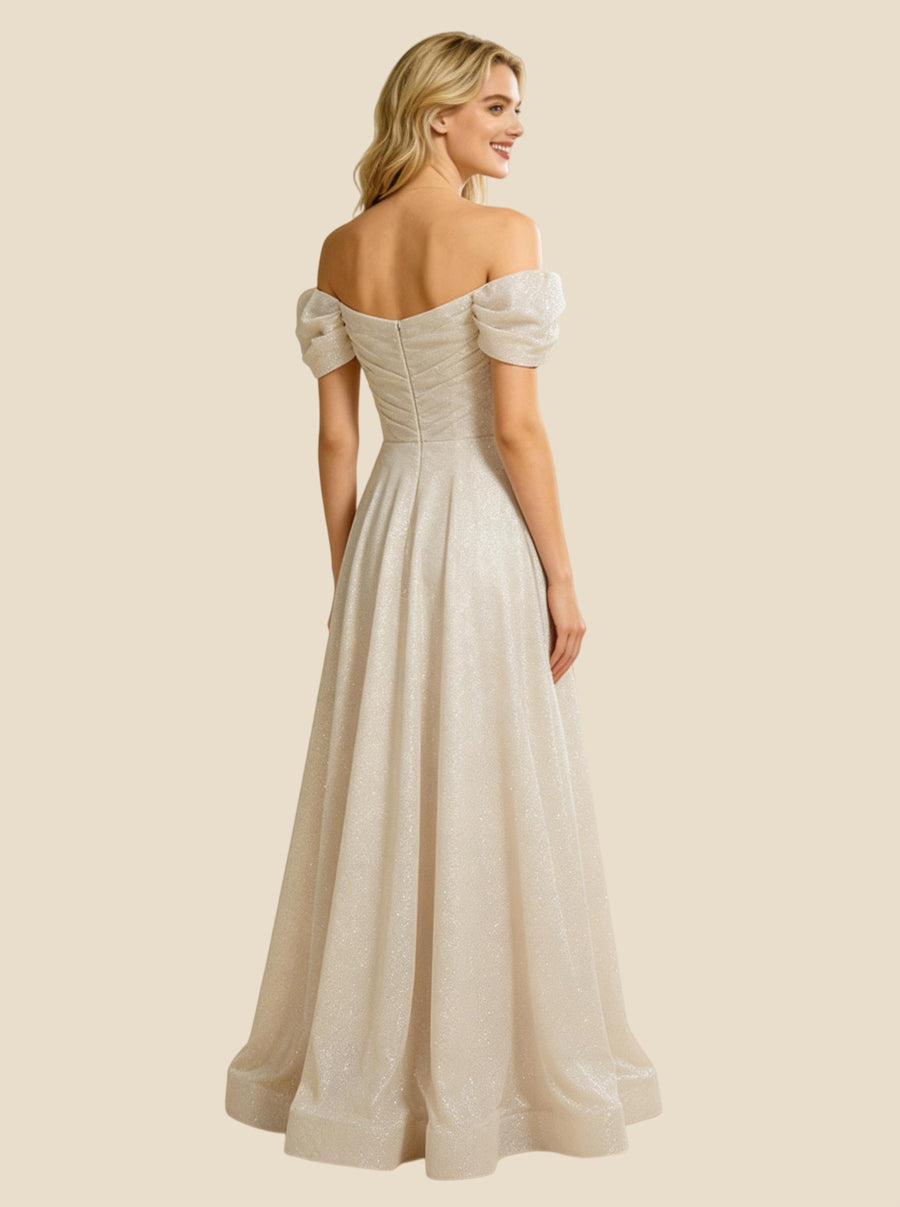 A-Line Off Shoulder Ruched Maxi Long Sequin Tulle Wedding Dresses Online