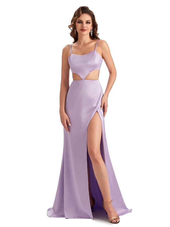 Sexy Satin Side Slit Spaghetti Straps Mermaid Long Unique Curve Wedding Guest Dresses