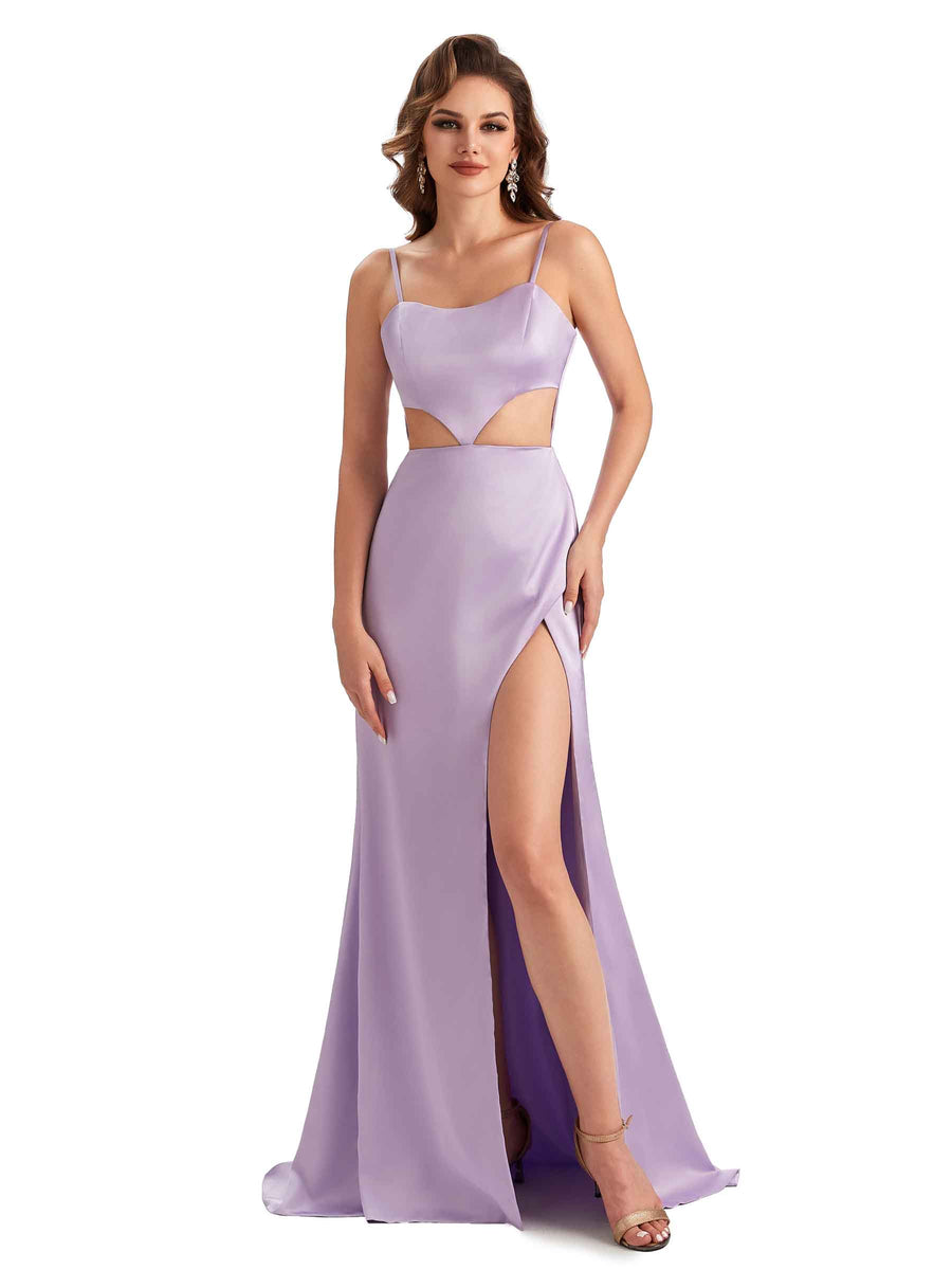 Sexy Satin Side Slit Spaghetti Straps Mermaid Long Unique Curve Wedding Guest Dresses