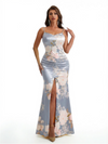 Simple Spaghetti Straps Slit Mermaid Floral Satin Maxi Floral Formal Dresses For Women