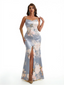 Simple Spaghetti Straps Slit Mermaid Floral Satin Maxi Floral Formal Dresses For Women
