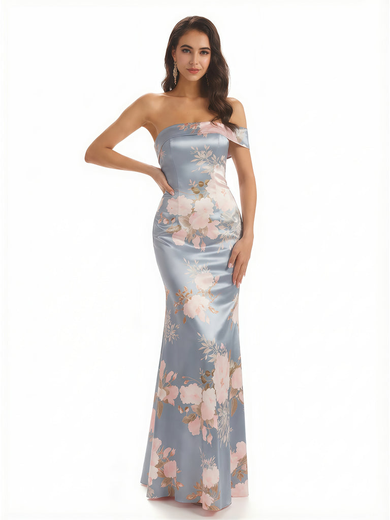 Sexy One Shoulder Sleeveless Mermaid Long Satin Floral Formal Dresses For Women