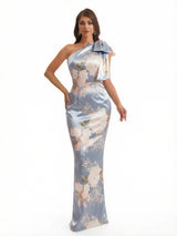 Elegant One Shoulder Mermaid Long Satin Floral Formal Dresses For Women With Back Slit