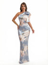 Elegant One Shoulder Mermaid Long Satin Floral Formal Dresses For Women With Back Slit