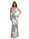 Elegant Spaghetti Straps Cowl Mermaid Long Satin Floral Formal Evening Dresses For Ladies