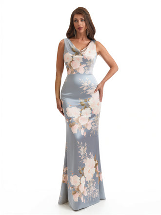 Elegant Spaghetti Straps Cowl Mermaid Long Satin Floral Formal Evening Dresses For Ladies