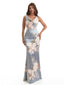 Elegant Spaghetti Straps Cowl Mermaid Long Satin Floral Formal Evening Dresses For Ladies