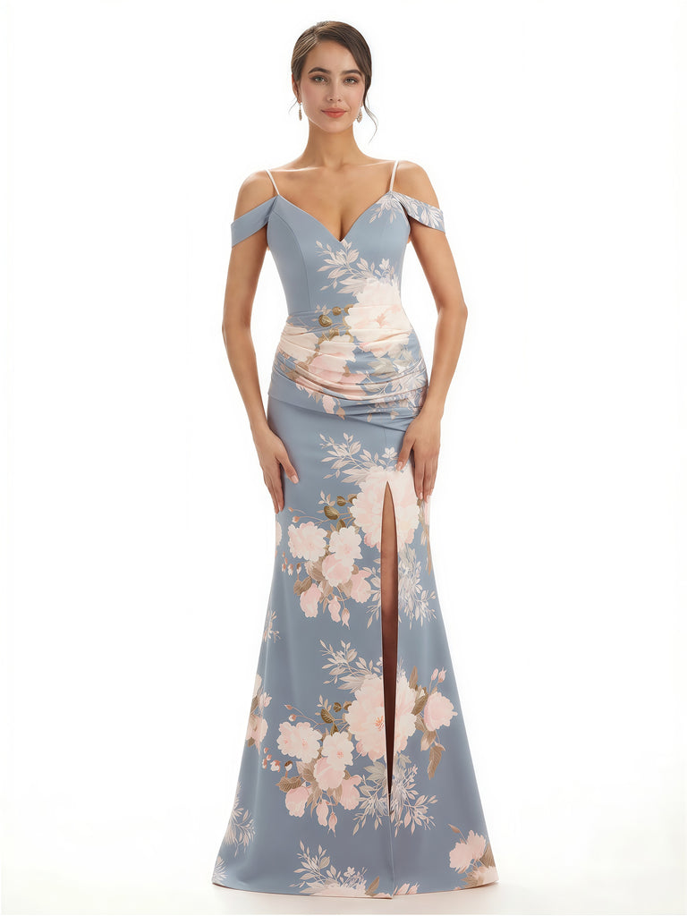Trendy Cold Shoulder Side Slit Mermaid Floral Satin Maxi Floral Formal Dresses For Ladies