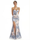 Elegant One Shoulder Side Slit Mermaid Floral Satin Maxi Floral Formal Dresses For Women