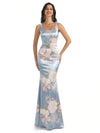 Elegant Spaghetti Straps Square Mermaid Long Satin Floral Formal Evening Dresses For Ladies