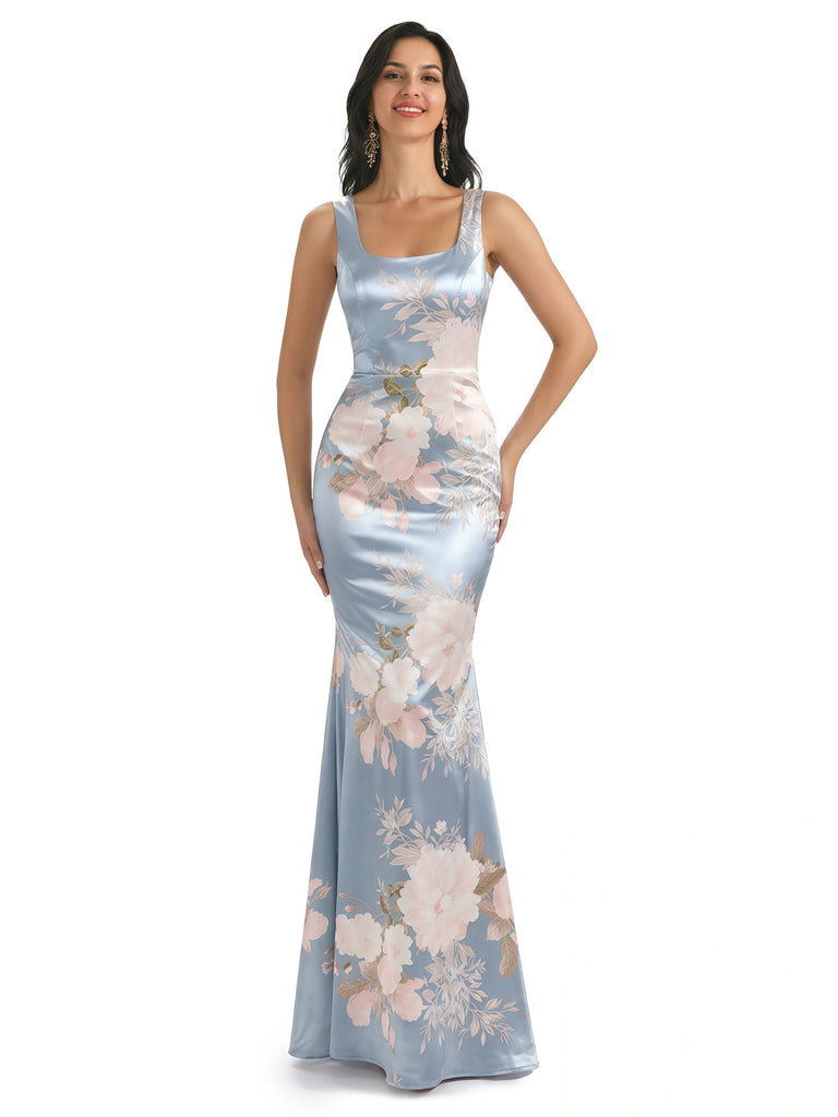 Elegant Spaghetti Straps Square Mermaid Long Satin Floral Formal Evening Dresses For Ladies