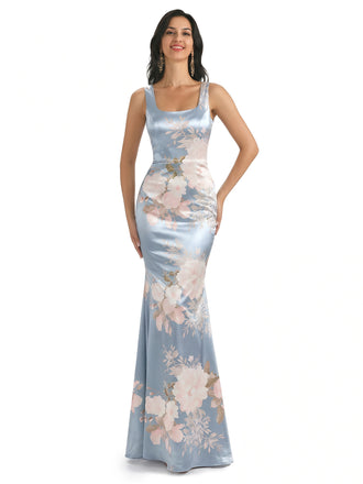 Elegant Spaghetti Straps Square Mermaid Long Satin Floral Formal Evening Dresses For Ladies