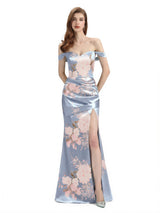Elegant Off Shoulder Mermaid Side Slit Floral Satin Maxi Floral Formal Dresses For Women