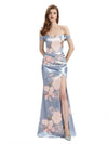 Elegant Off Shoulder Mermaid Side Slit Floral Satin Maxi Floral Formal Dresses For Women