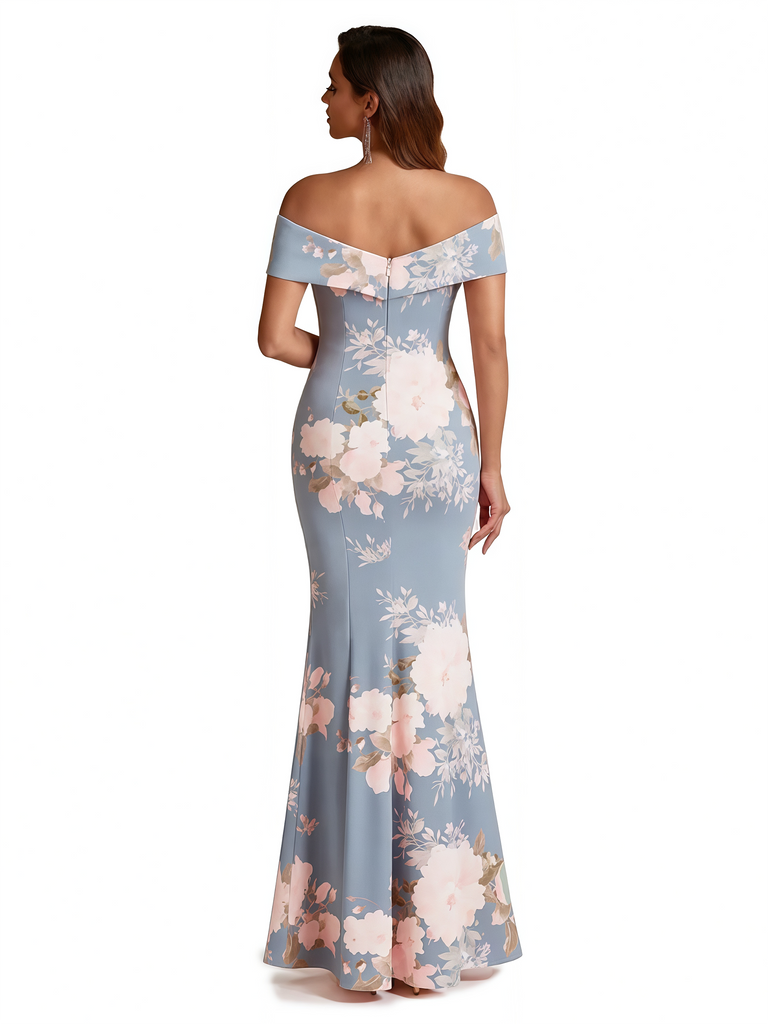 Sexy Off Shoulder Mermaid Long Satin Floral Formal Dresses For Women