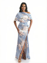 Elegant Half Sleeves Side Slit Mermaid Floral Satin Maxi Floral Formal Dresses For Women
