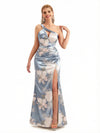 Beautiful One Shoulder Side Slit Mermaid Floral Satin Maxi Floral Formal Dresses For Women