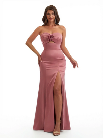 Modern Strapless Mermaid Sweetheart Ruched Satin Long Formal Dresses Side Slit