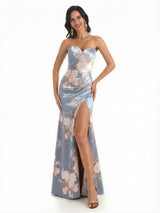 Sexy Sweetheart Side Slit Mermaid Long Satin Floral Formal Dresses For Women