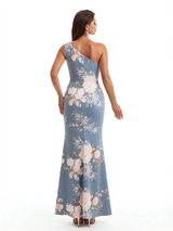 Simple One Shoulder Side Slit Mermaid Floral Satin Maxi Floral Formal Dresses For Women