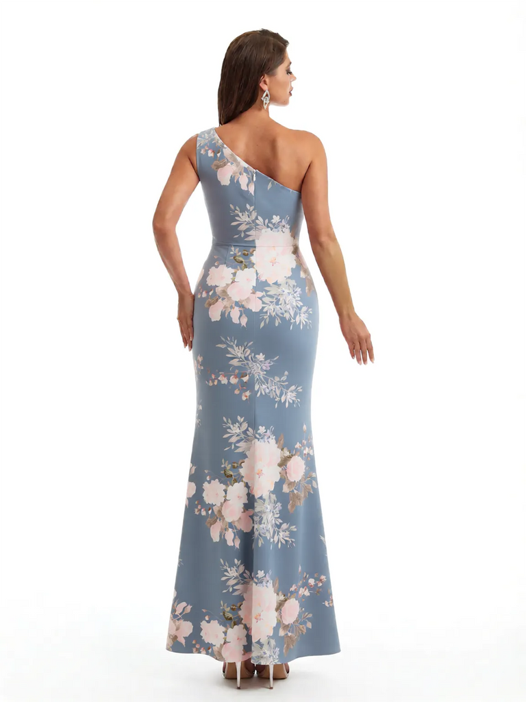 Simple One Shoulder Side Slit Mermaid Floral Satin Maxi Floral Formal Dresses For Women