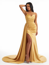 Sexy Spaghetti Straps Lace Up Back Side Split Mermaid Soft Satin Long Bridesmaid Dresses