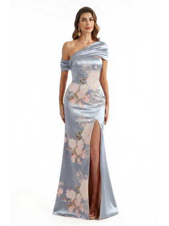 Elegant Asymmetrical Side Slit Mermaid Long Satin Floral Formal Dresses For Women