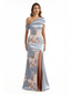 Elegant Asymmetrical Side Slit Mermaid Long Satin Floral Formal Dresses For Women