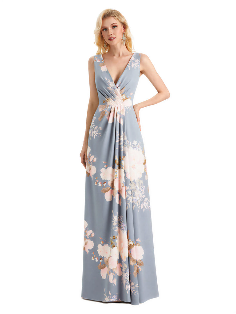 Beautiful V-Neck Mermaid Floral Satin Maxi Floral Formal Dresses For Women