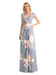 Beautiful V-Neck Mermaid Floral Satin Maxi Floral Formal Dresses For Women