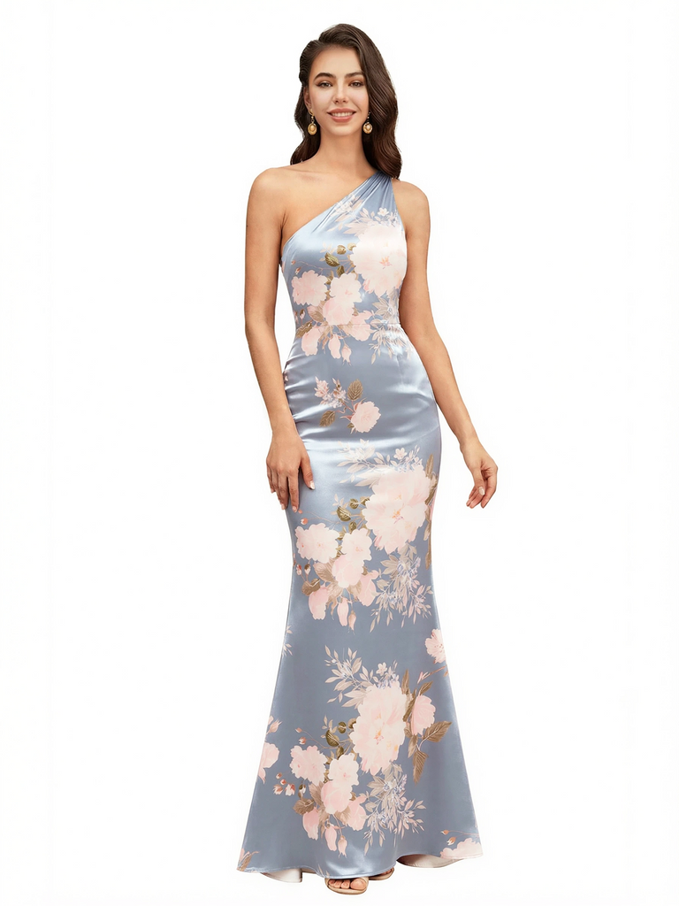 Elegant One Shoulder Mermaid Floral Satin Maxi Floral Formal Dresses For Women