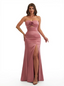 Modern Strapless Mermaid Sweetheart Ruched Satin Long Formal Dresses Side Slit