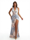 Simple Halter Side Slit Mermaid Floral Satin Maxi Floral Formal Dresses For Women