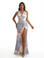 Simple Halter Side Slit Mermaid Floral Satin Maxi Floral Formal Dresses For Women