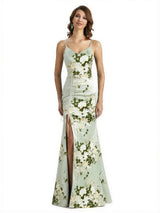 Simple Spaghetti Straps V-Neck Side Slit Mermaid Floral Satin Maxi Floral Formal Dresses For Women