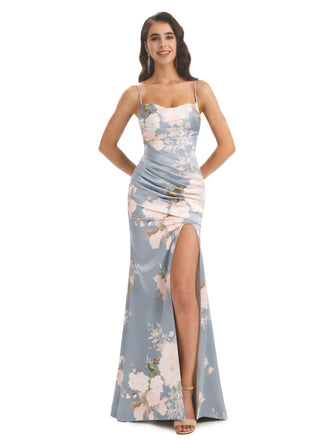 Elegant Spaghetti Straps Side Slit Mermaid Floral Satin Maxi Floral Formal Dresses For Women